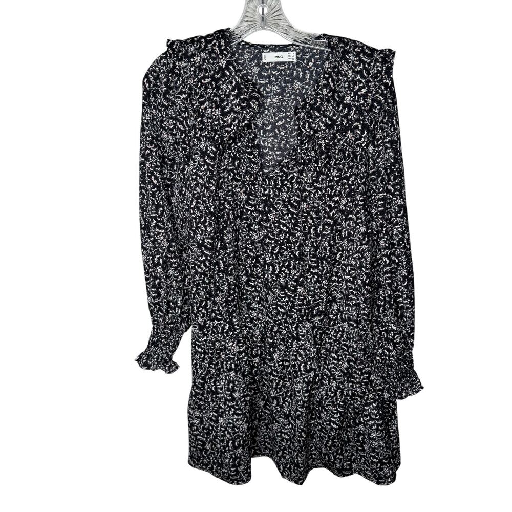 MNG Mango Women’s Mini Dress Small Black‎ Floral Print Long Sleeve Ruffle Hem
